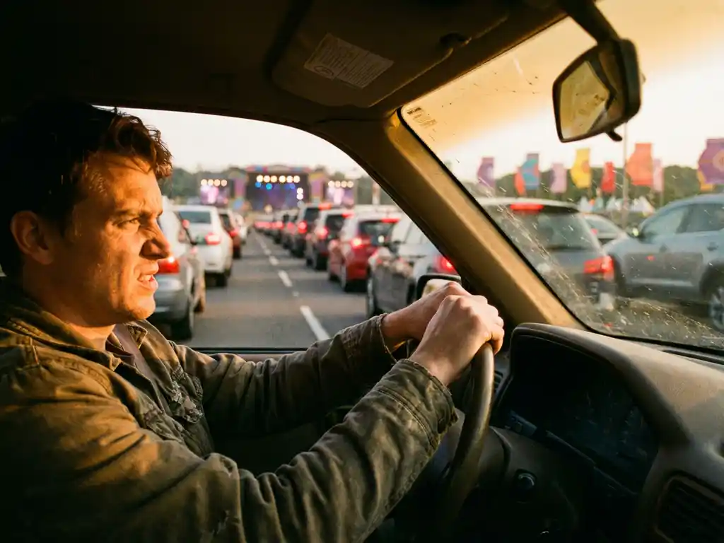 Gefrustreerde bestuurder vastgezeten in file na muziekfestival, grijpt stuur vast tussen bumper-aan-bumper verkeer