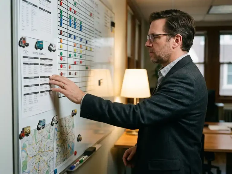 Bedrijfsmanager beweegt vrachtwagen marker op groot vlootplanningsbord met routekaarten en voertuigschema's