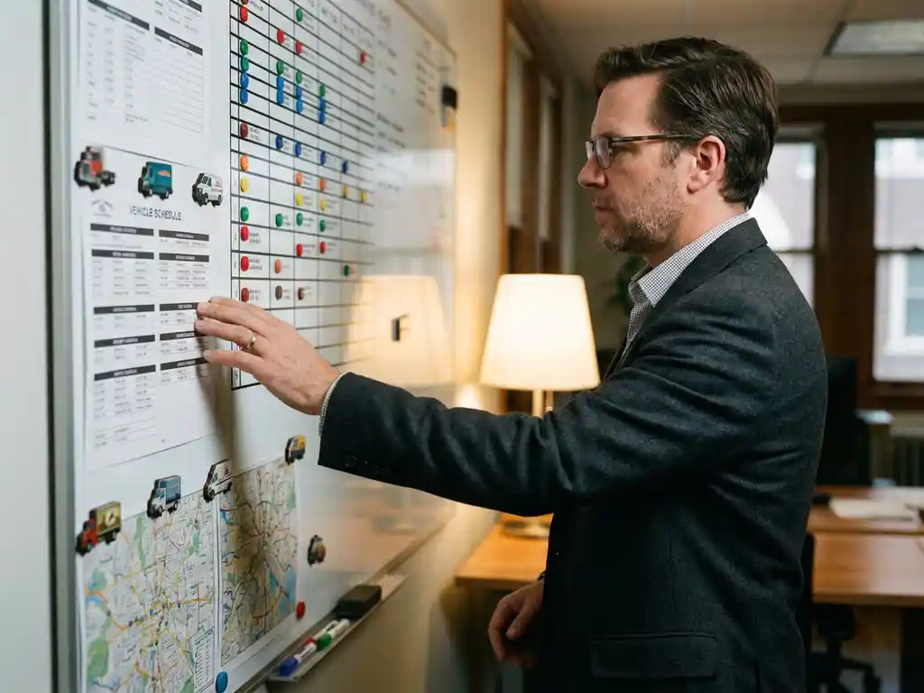 Bedrijfsmanager beweegt vrachtwagen marker op groot vlootplanningsbord met routekaarten en voertuigschema's
