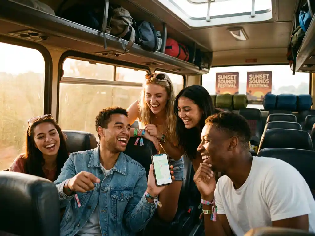 Groep jonge vrienden lacht samen in tourbus, bekijken reisplannen op smartphone, festivalarmbandjes zichtbaar