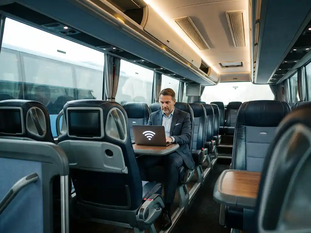 Zakenman werkt op laptop in moderne luxe bus met leren stoelen en LED-verlichting, wifi-signaal zichtbaar op scherm