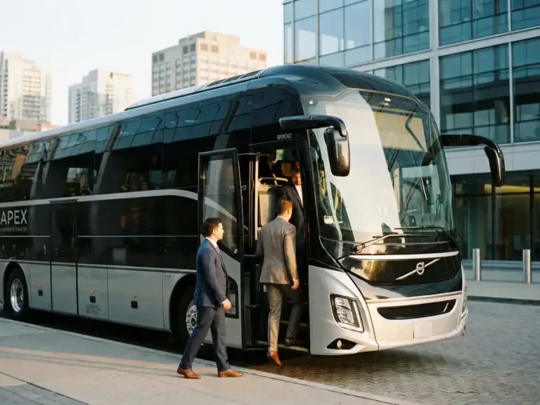 Moderne charterbus bij kantoorgebouw met zakenmannen in pakken die instappen tijdens gouden uur