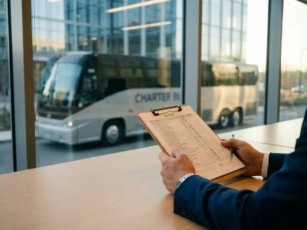 Professionele handen houden checklist vast met charterbus zichtbaar door kantoorvenster op achtergrond