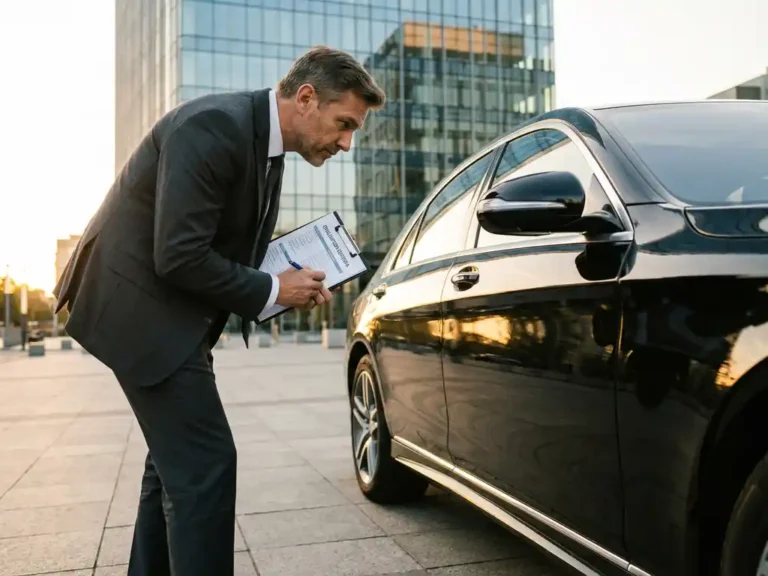 Professionele zakenman in pak evalueert luxe zwarte auto met checklist, staand naast voertuig bij kantoorgebouw