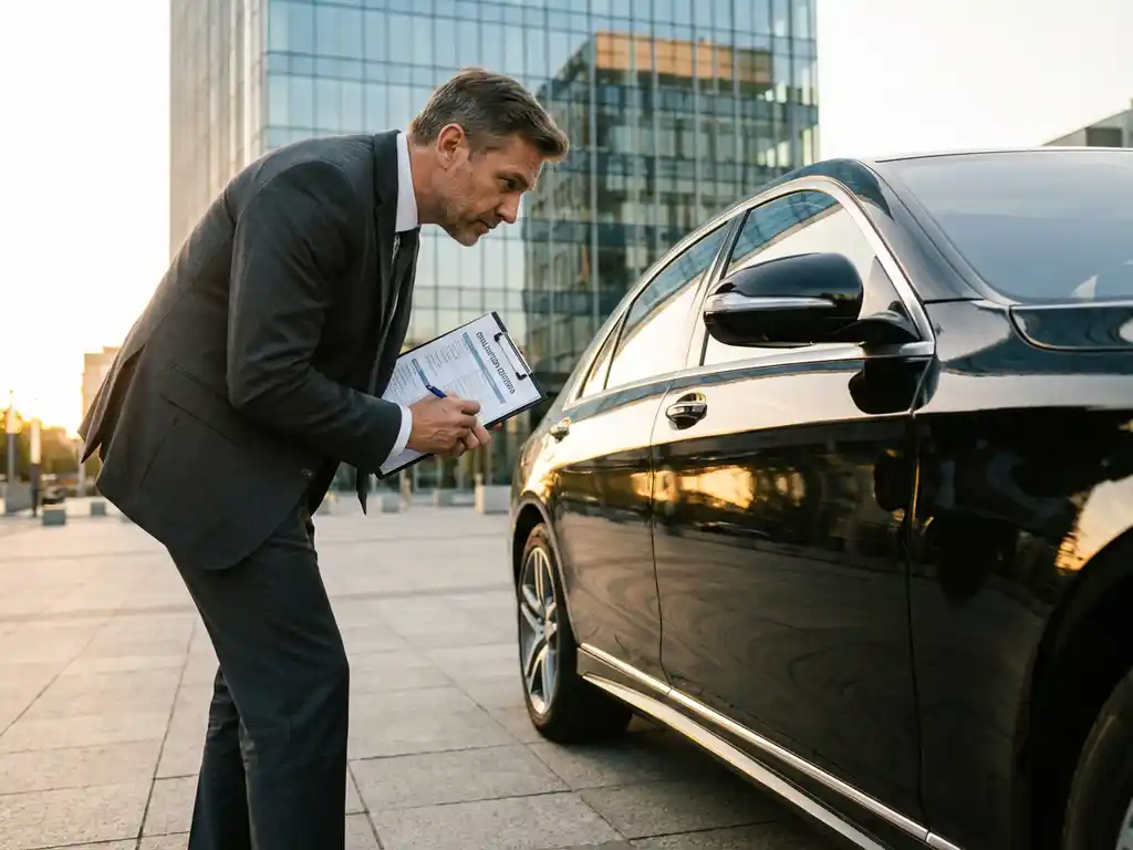 Professionele zakenman in pak evalueert luxe zwarte auto met checklist, staand naast voertuig bij kantoorgebouw