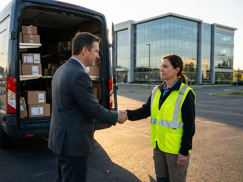 Zakenman in pak schudt handen met logistiek coördinator bij bezorgwagen met open deuren vol pakketten