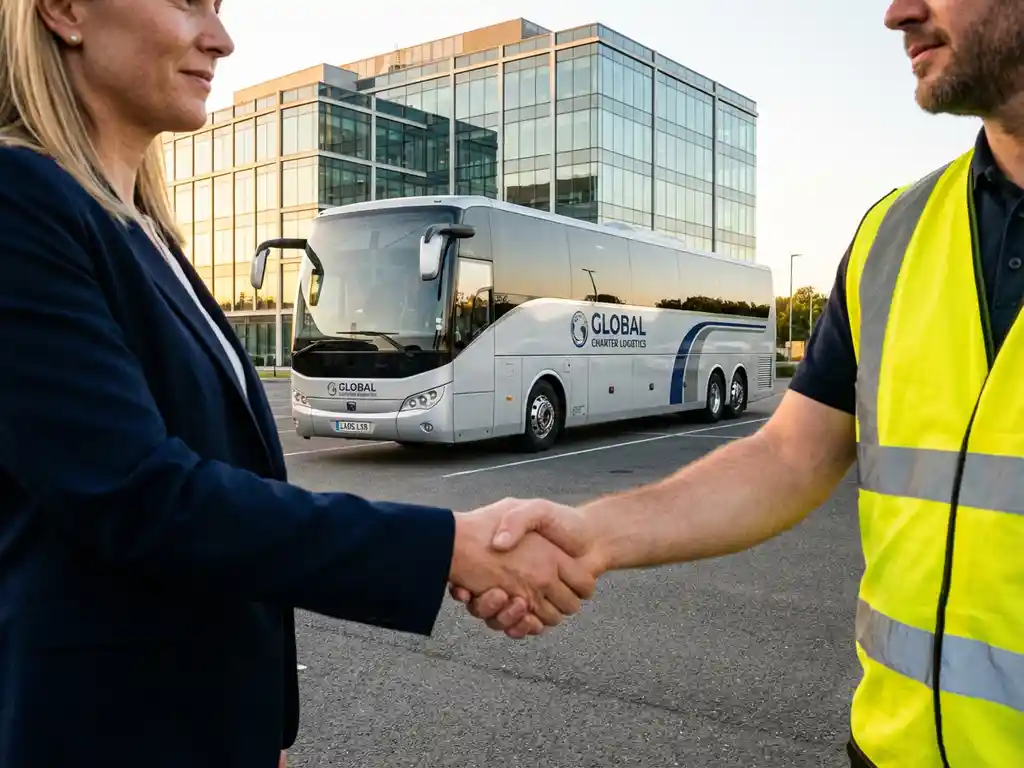 Zakenvrouw en logistiek coördinator schudden handen bij charterbedrijf bus, professionele samenwerking transport