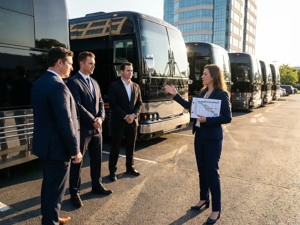Projectmanager in pak coördineert met executives naast luxe charterbussen bij modern kantoorgebouw tijdens gouden uur