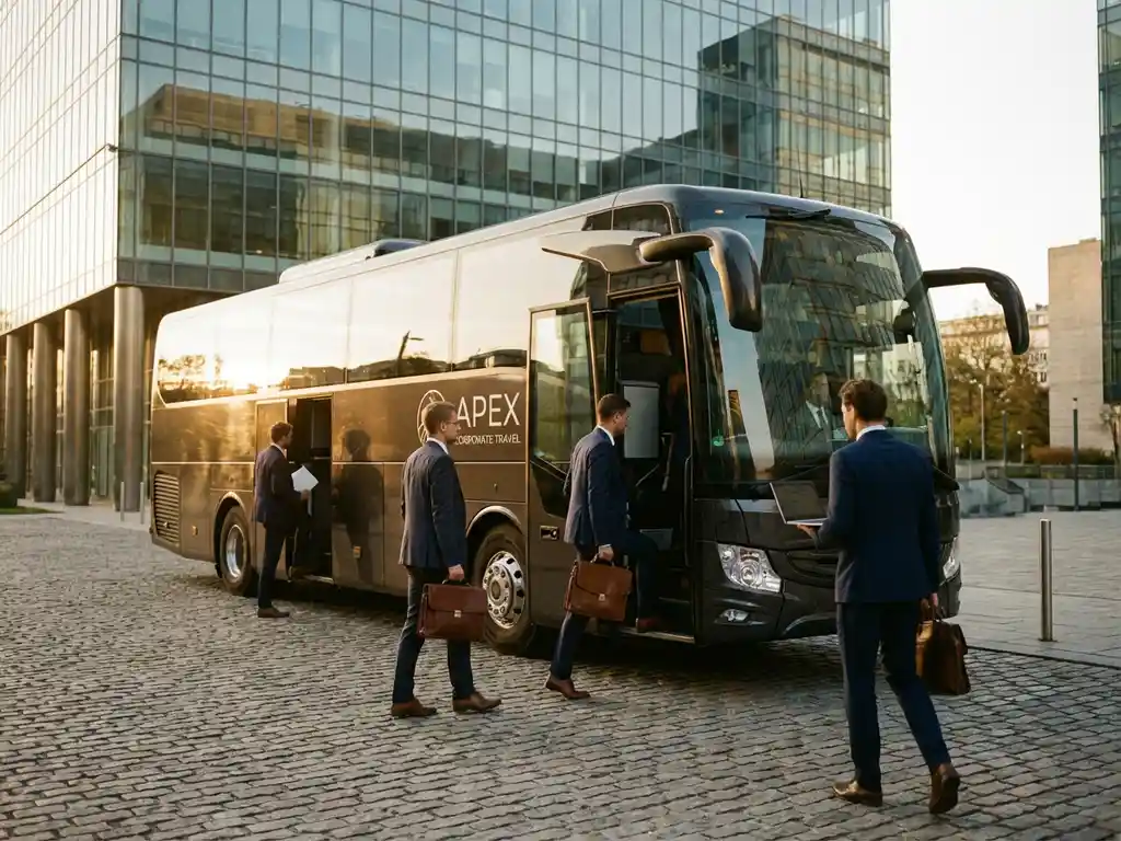 Moderne touringcar voor glazen kantoorgebouw met instappende zakenmensen in pakken tijdens gouden uur