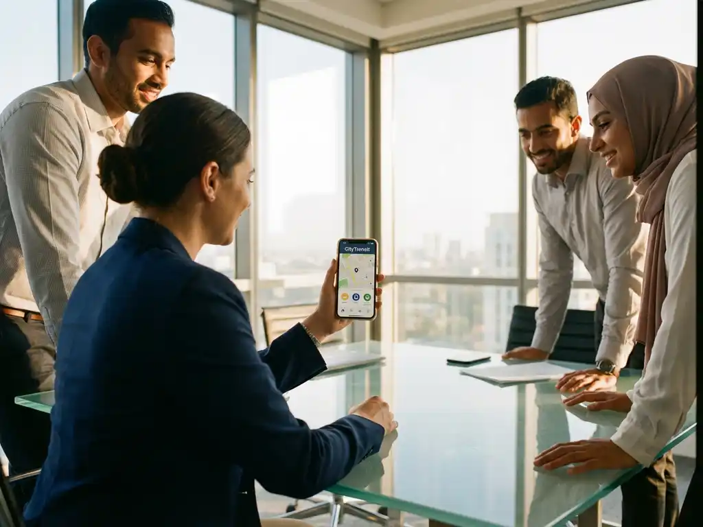 Zakenvrouw toont transportatie-app op smartphone aan diverse collega's tijdens vergadering in modern kantoor