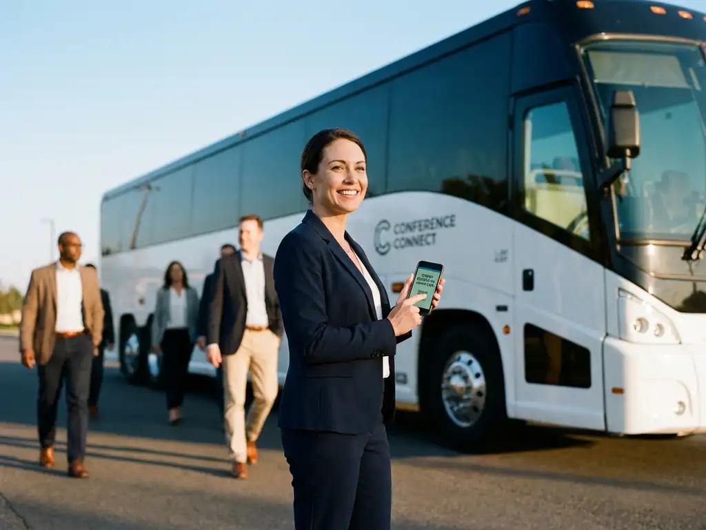 Professionele vrouw in pak toont smartphone met check-in app naast witte evenementenbus tijdens gouden uur
