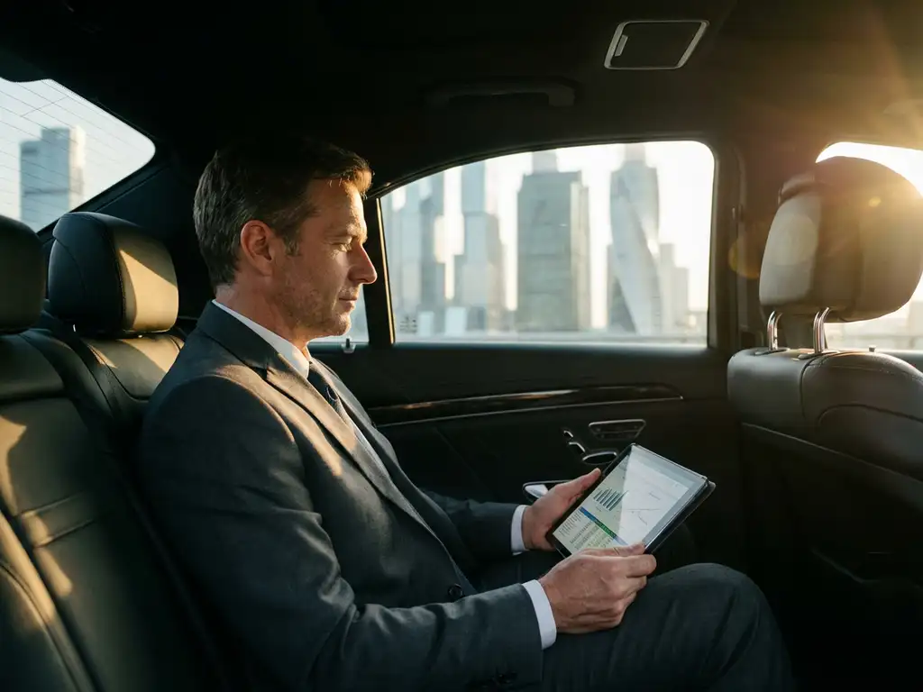 Zakenman in pak bekijkt financiële documenten op tablet in luxe sedan met stadsgezicht op achtergrond