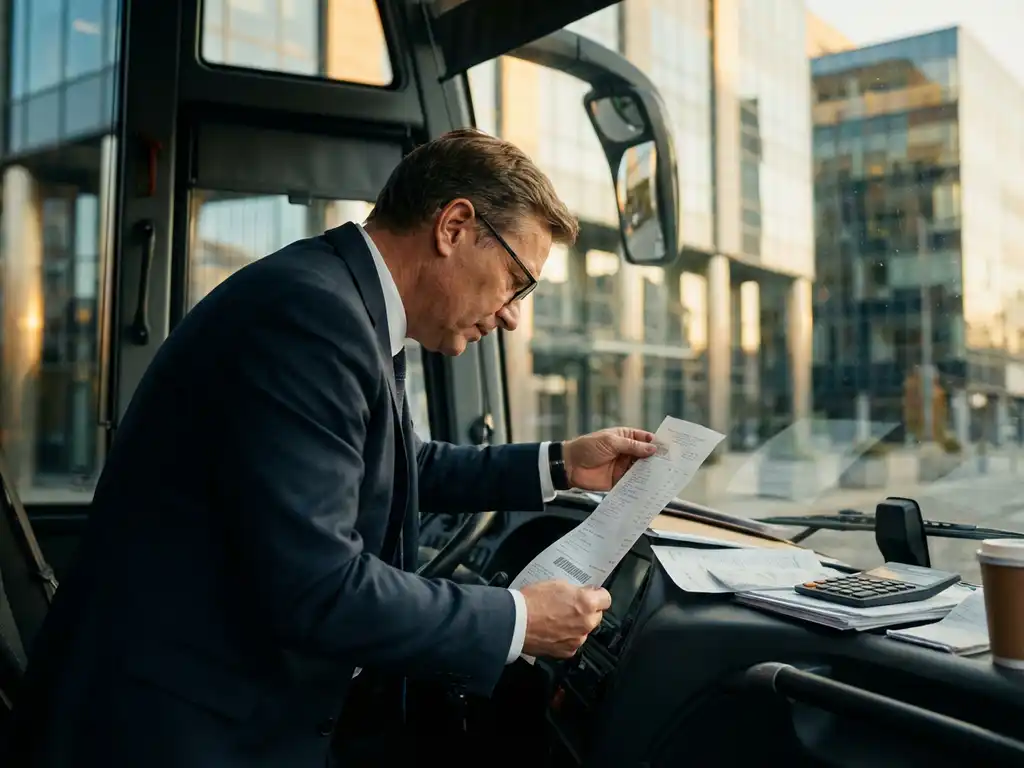Zakenpersoon in pak bekijkt factuur bij bedrijfsbus met papierwerk en rekenmachine op dashboard in kantoorwijk