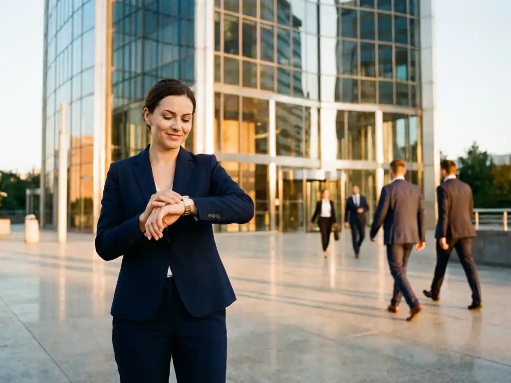 Zakenvrouw in marineblauw pak kijkt op horloge voor modern glazen kantoorgebouw tijdens gouden uur