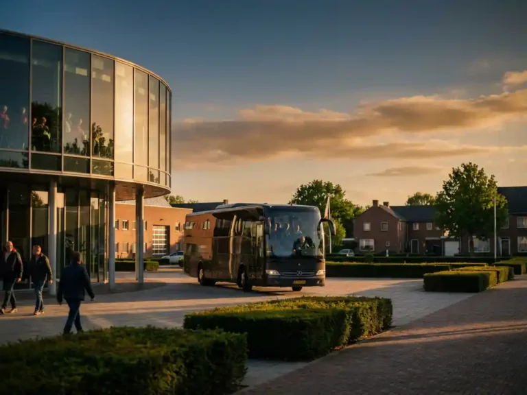 Moderne touringcar nadert het gebogen glazen front van Autotron museum in Rosmalen tijdens gouden uur