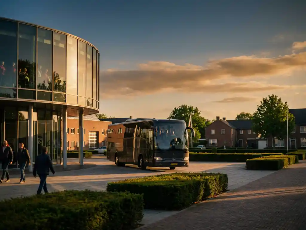 Moderne touringcar nadert het gebogen glazen front van Autotron museum in Rosmalen tijdens gouden uur