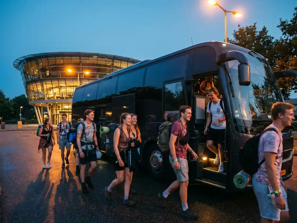 Moderne tourbus met getinte ramen voor Autotron venue in Rosmalen, passagiers met festivaluitrusting stappen in bij avondverlichting