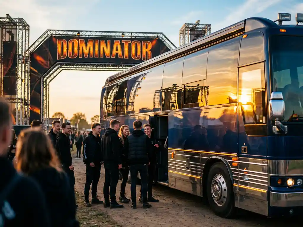 Luxe touringcar voor Dominator festival met instappende bezoekers in elektronische muziek kleding tijdens gouden uur