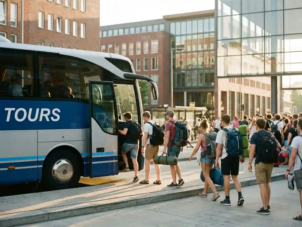 Moderne Nederlandse tourbus met zilver-blauwe livery bij druk busstation, festivalgangers stappen in, bakstenen gebouwen op achtergrond