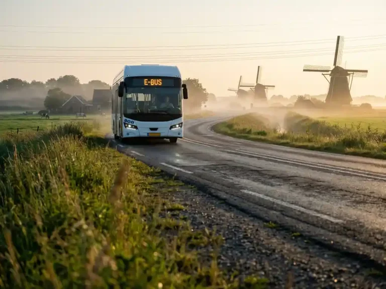 Witte elektrische bus rijdt door glooiend Nederlands landschap met windmolens en groene velden in gouden ochtendlicht