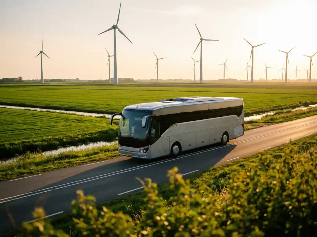 Moderne touringcar met zonnepanelen rijdt door groen Nederlands landschap met windmolens op de achtergrond