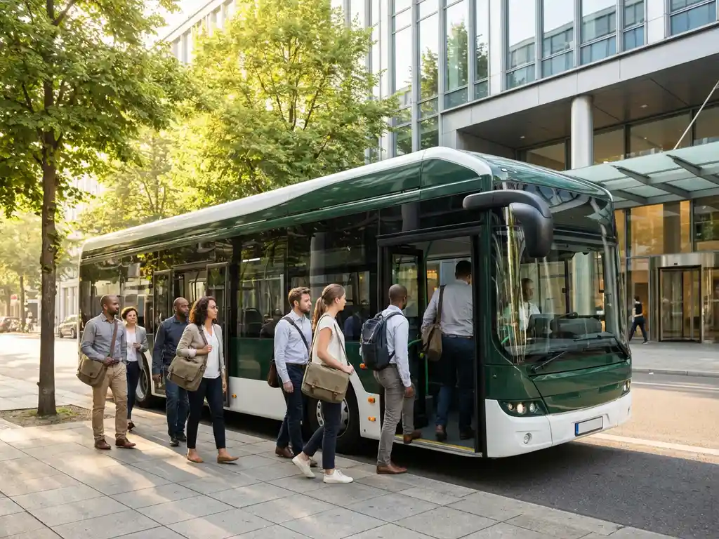 Moderne elektrische bus met panoramaramen waar werknemers met tassen instappen bij glazen kantoorgebouw, groene bomen langs straat