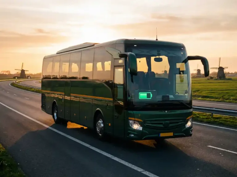 Moderne elektrische touringcar rijdt over kronkelende Nederlandse snelweg met windmolens en groen landschap zichtbaar door panoramaramen