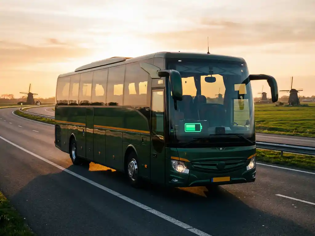 Moderne elektrische touringcar rijdt over kronkelende Nederlandse snelweg met windmolens en groen landschap zichtbaar door panoramaramen