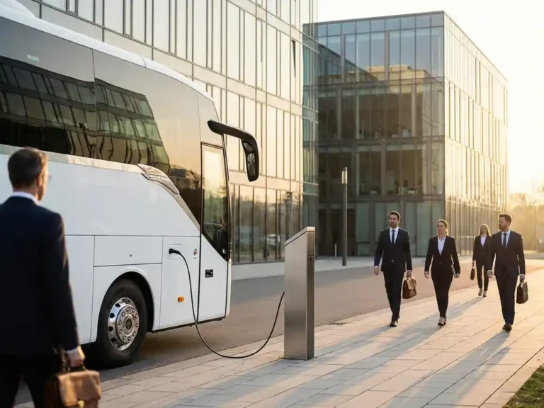 Witte elektrische touringcar bij modern kantoorgebouw met laadkabel en zakelijke reizigers