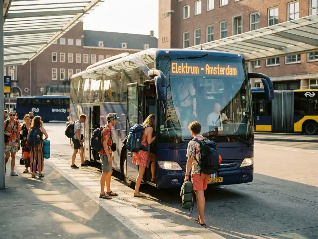 Moderne touringcar met bestemming Elektrum bij Nederlands busstation, passagiers met festivaluitrusting stappen in tijdens warme middag