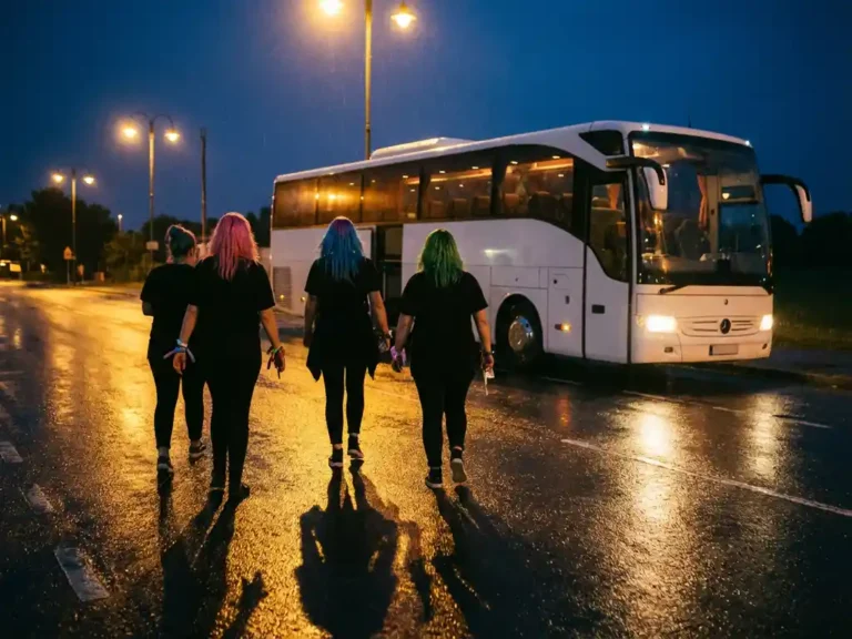 Festivalgangers met kleurrijk haar lopen naar witte luxe touringcar onder warme straatverlichting bij schemering