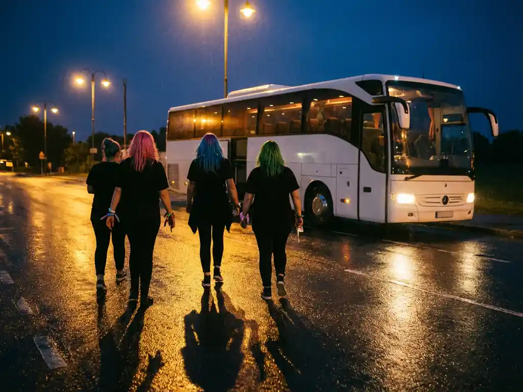 Festivalgangers met kleurrijk haar lopen naar witte luxe touringcar onder warme straatverlichting bij schemering