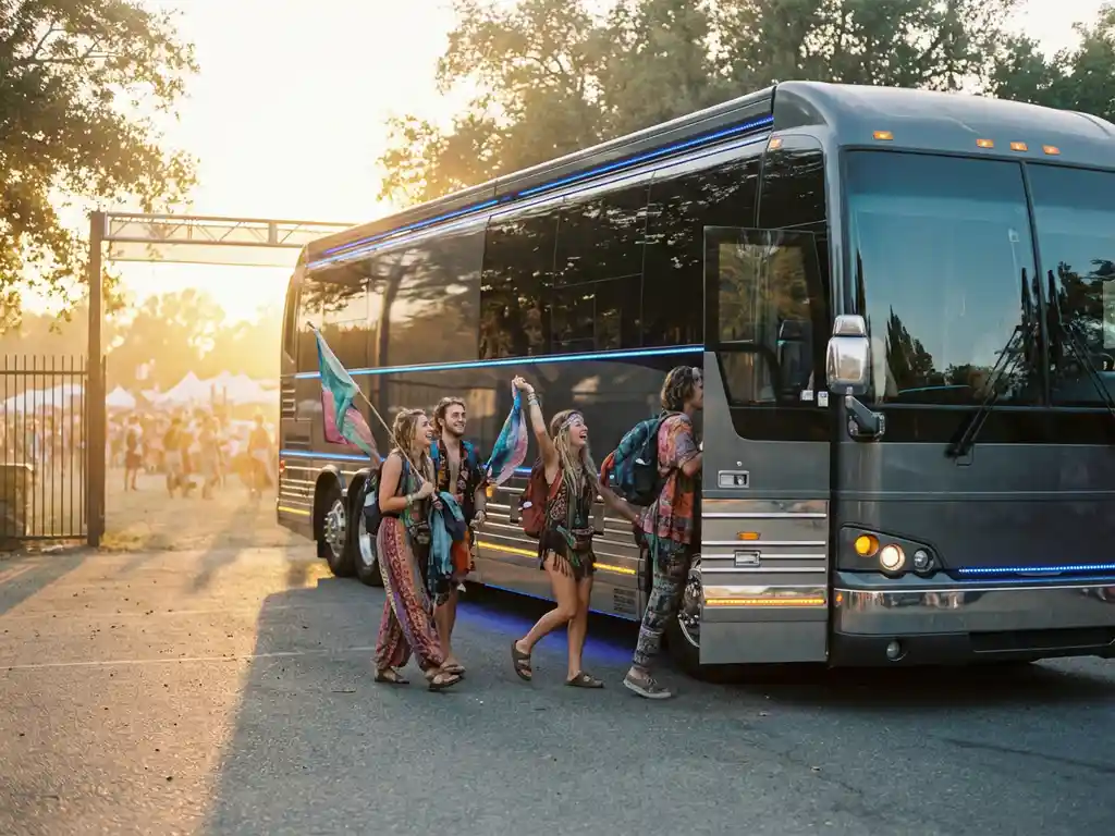 Moderne tourbus met LED-verlichting bij festivalingang terwijl jongeren met kleurrijke outfits instappen tijdens gouden uur
