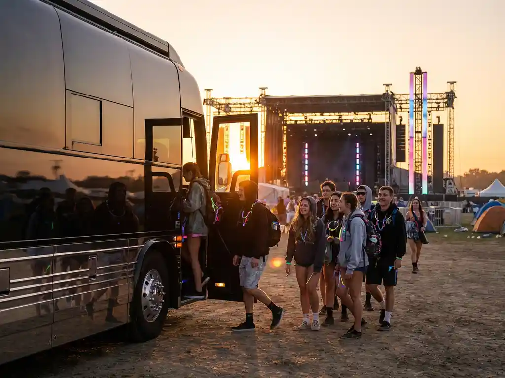 Luxe tourbus met zwarte carrosserie voor elektronisch muziekfestival bij zonsopgang, festivalbezoekers stappen in