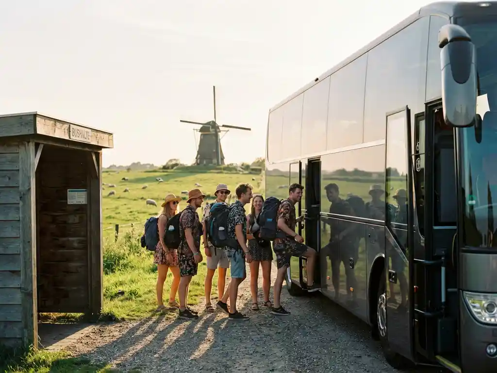 Moderne touringcar met getinte ramen bij Nederlandse bushalte, festivalgangers stappen in met rugzakken, groene heuvels en windmolen op achtergrond