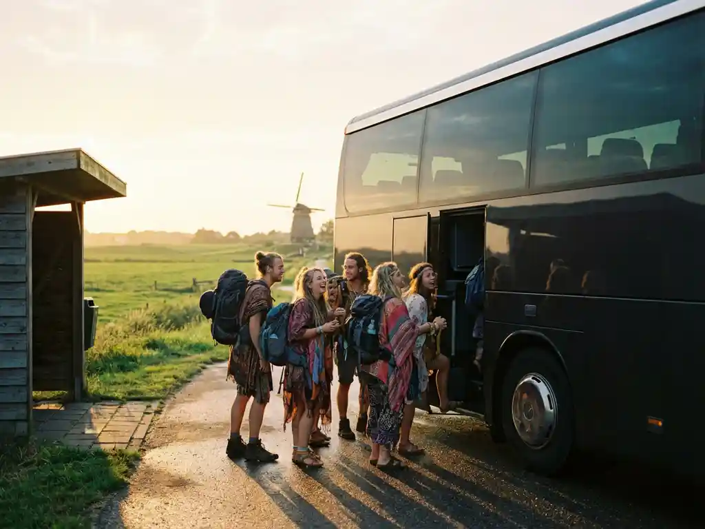 Moderne tourbus bij Nederlandse halte met festivalgangers die instappen, windmolen en groene velden op achtergrond