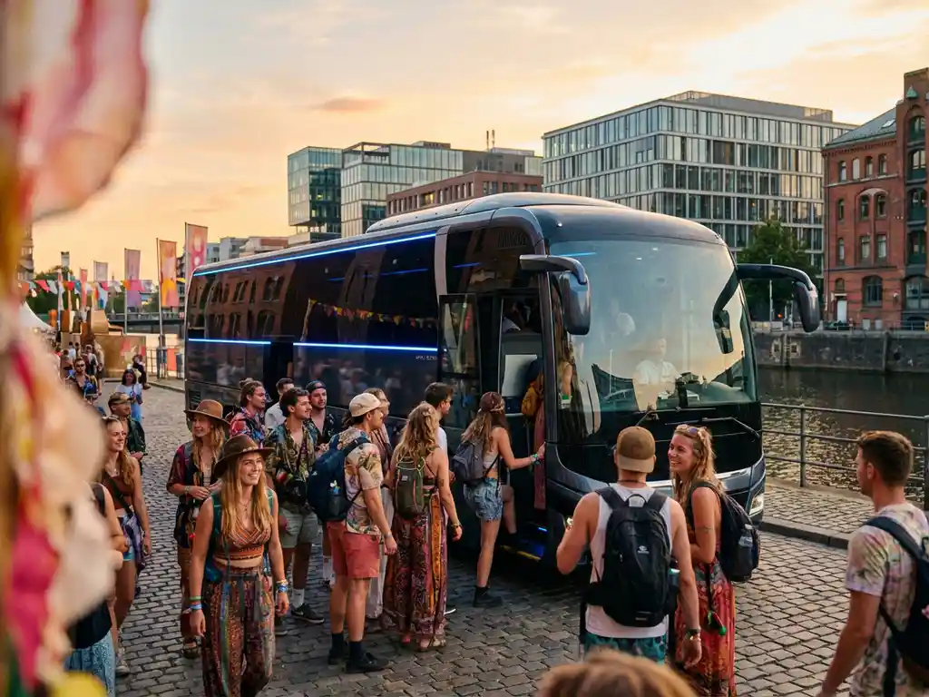 Moderne tourbus met getinte ramen geparkeerd bij festivallocatie, passagiers in kleurrijke outfits stappen in tijdens gouden uur