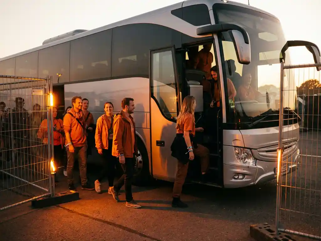 Moderne tourbus met getinte ramen bij festivaluitgang tijdens gouden uur, oranje geklede festivalgangers stappen in