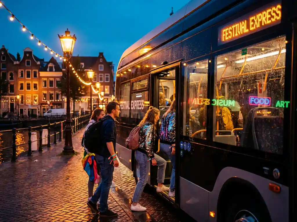 Moderne bus stopt bij verlicht festivalterrein tijdens schemering, passagiers met kleurrijke polsbandjes stappen uit op nat wegdek