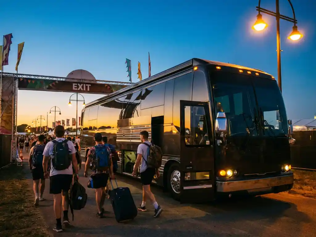 Moderne touringcar met getinte ramen bij festivaluitgang tijdens gouden uur, bezoekers met rugzakken lopen naar open busdeuren