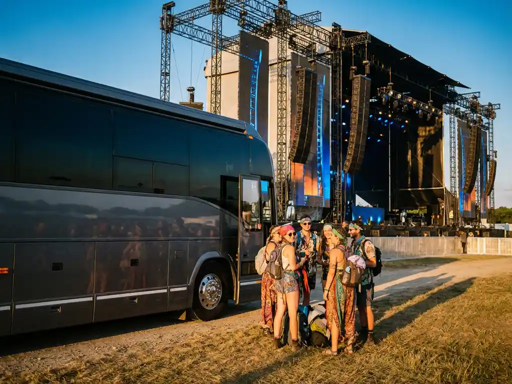 Moderne tourbus met getinte ramen geparkeerd bij festivalpodia met kleurrijke verlichting, festivalgangers in felle kleding verzamelen rond de ingang tijdens gouden uur