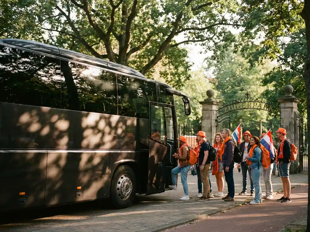 Moderne tourbus met getinte ramen bij Zuiderpark ingang, passagiers in oranje festivalkleding stappen in