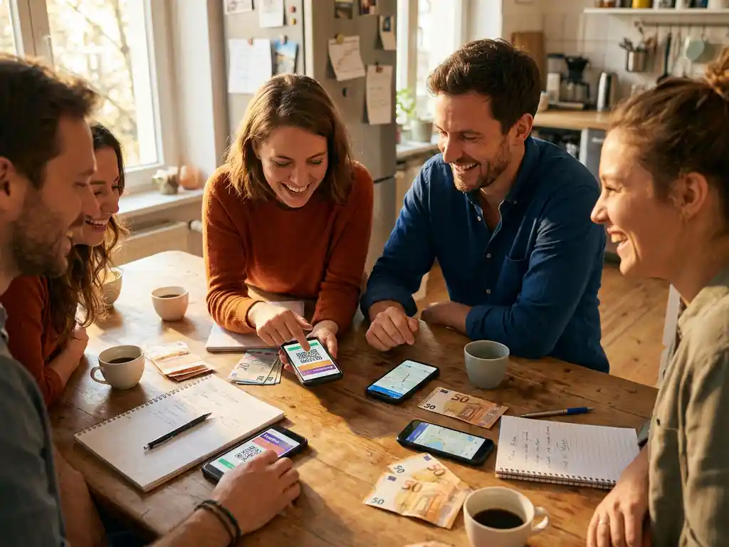 Vrienden plannen festivalreis rond keukentafel met smartphones, euro bankbiljetten en koffiekopjes in warm middaglicht