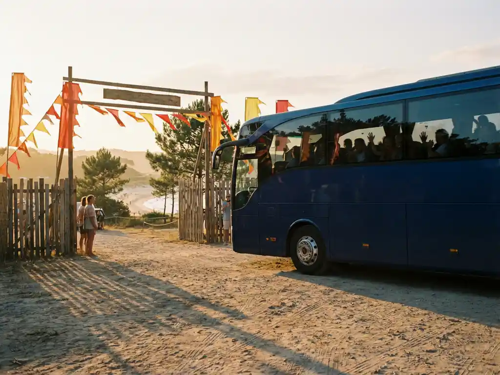 Moderne touringcar arriveert bij festivalingang met kleurrijke banners, zandstrand en dennenbomen van Eersel op achtergrond