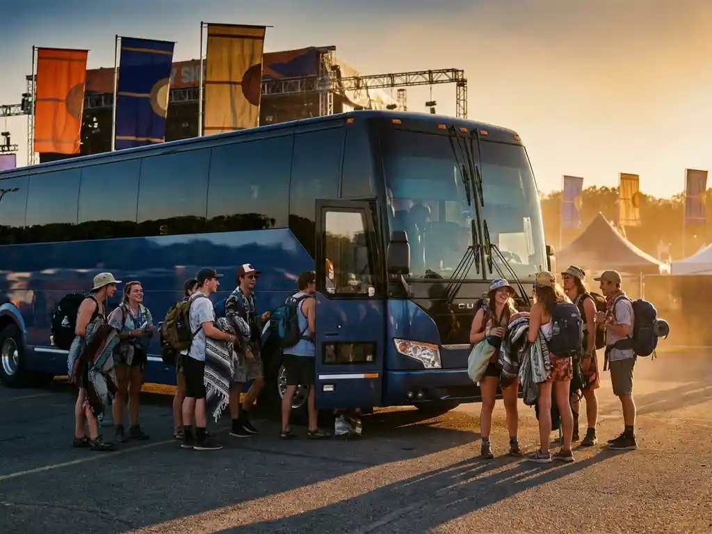 Moderne tourbus met grote ramen geparkeerd bij muziekfestival, jongeren met rugzakken verzamelen bij de ingang tijdens gouden uur