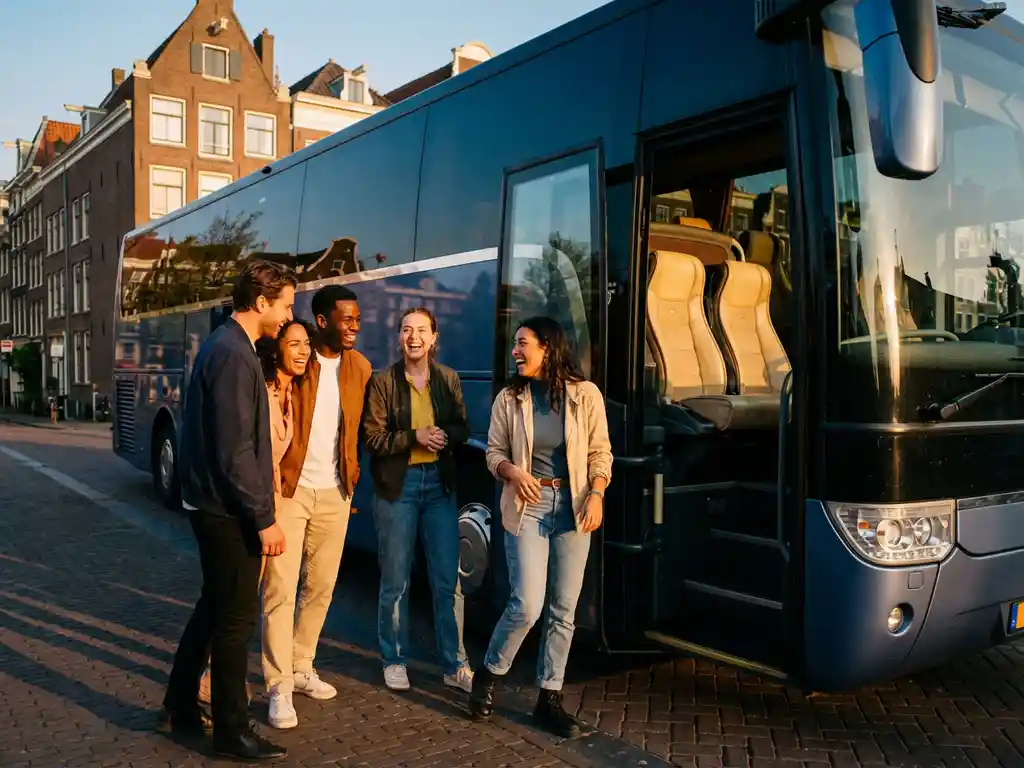 Jonge vrienden lachen terwijl ze instappen in moderne tourbus met getinte ramen in Nederlandse stadsomgeving tijdens gouden uur