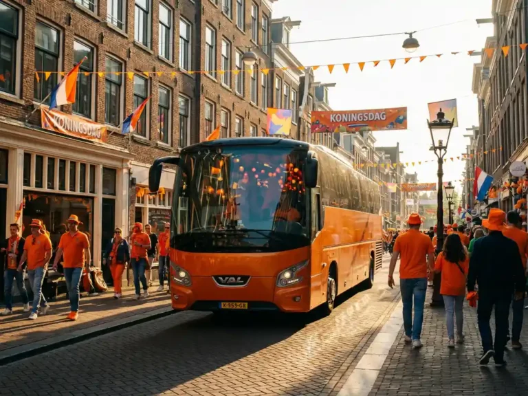Oranje tourbus rijdt door Nederlandse straat vol Koningsdag-feestvierders in oranje kleding tussen feestelijke banners