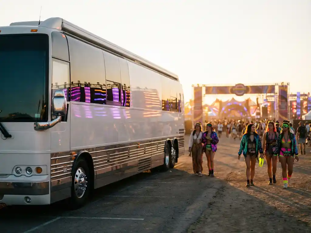 Luxe witte touringcar geparkeerd tijdens gouden uur buiten elektronisch muziekfestival met LED-verlichting