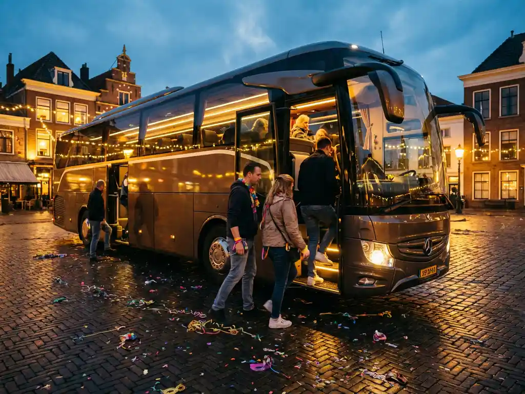 Luxe touringcar met warme verlichting op kasseien festivalplein bij schemering, passagiers met polsbandjes stappen in