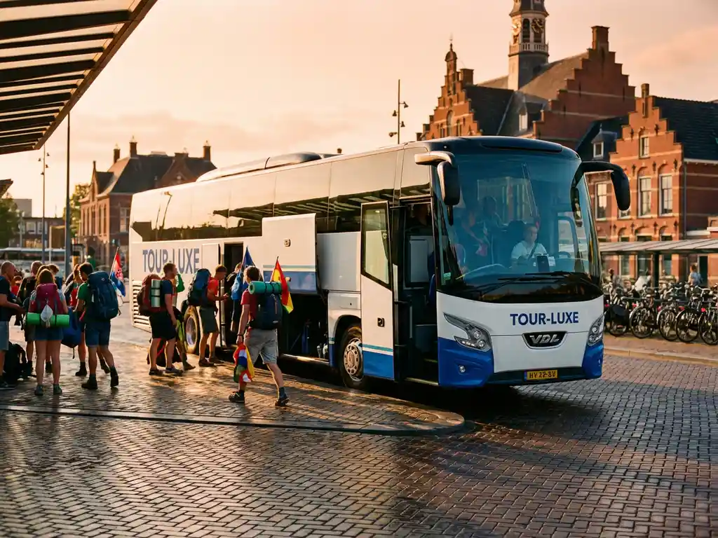 Moderne witte en blauwe luxe touringcar bij Nederlands busstation met instappende passagiers tijdens gouden uurtje